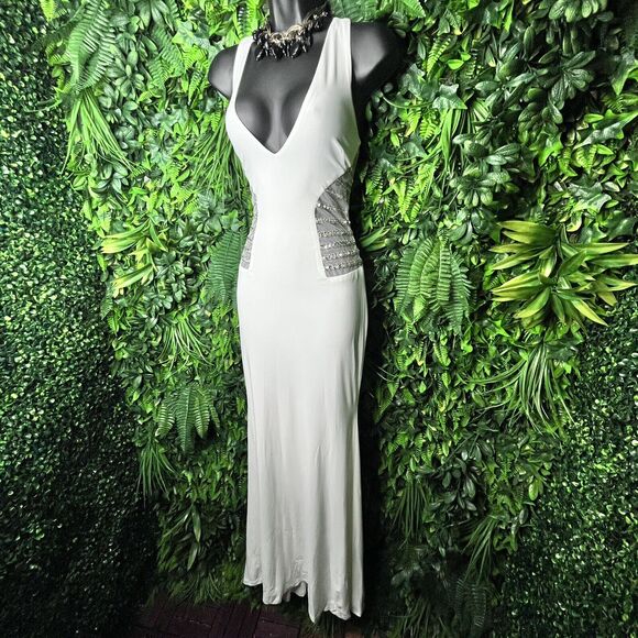 DRESS Women Medium White Formal Long Sheer Waist‎ Beaded Detail Kloset Therapy - Picture 1 of 9
